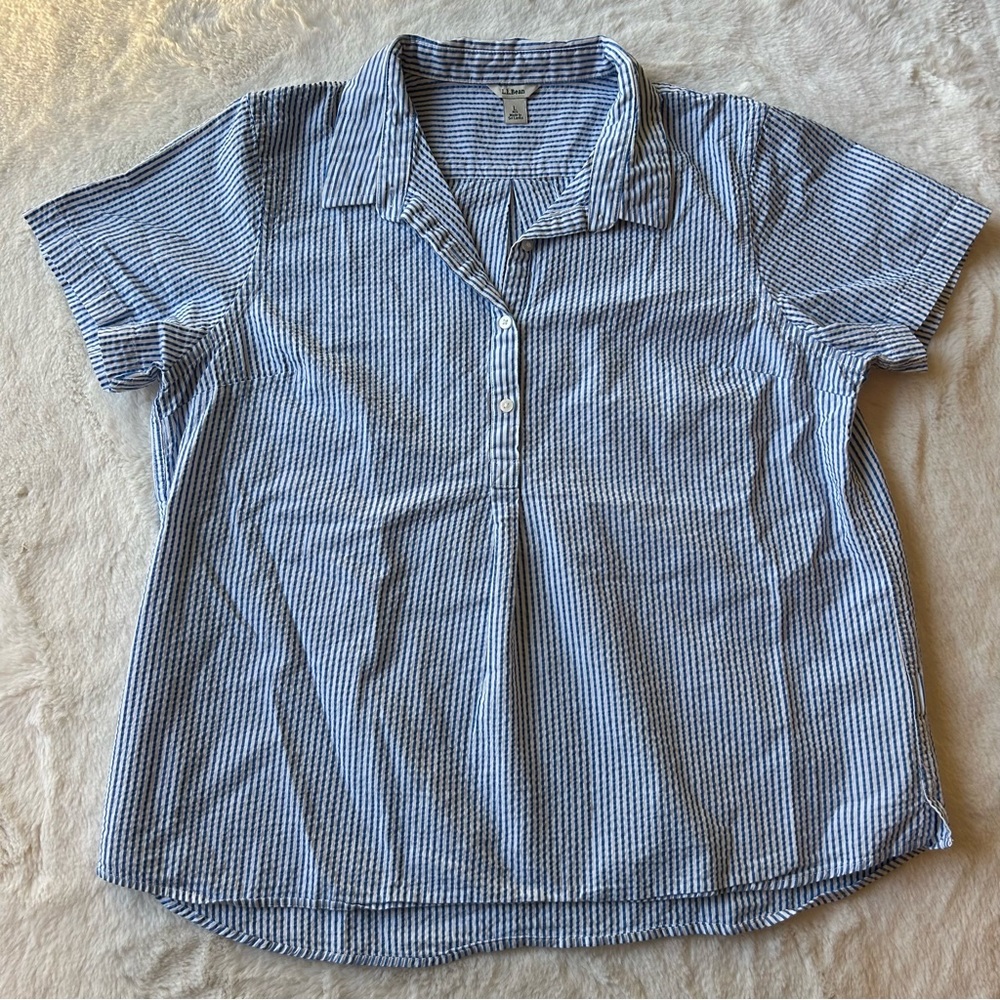 LL BEAN blue and white striped tunic shirt